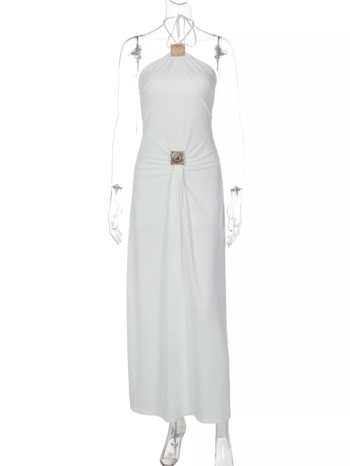 Black halter neck maxi dress side view