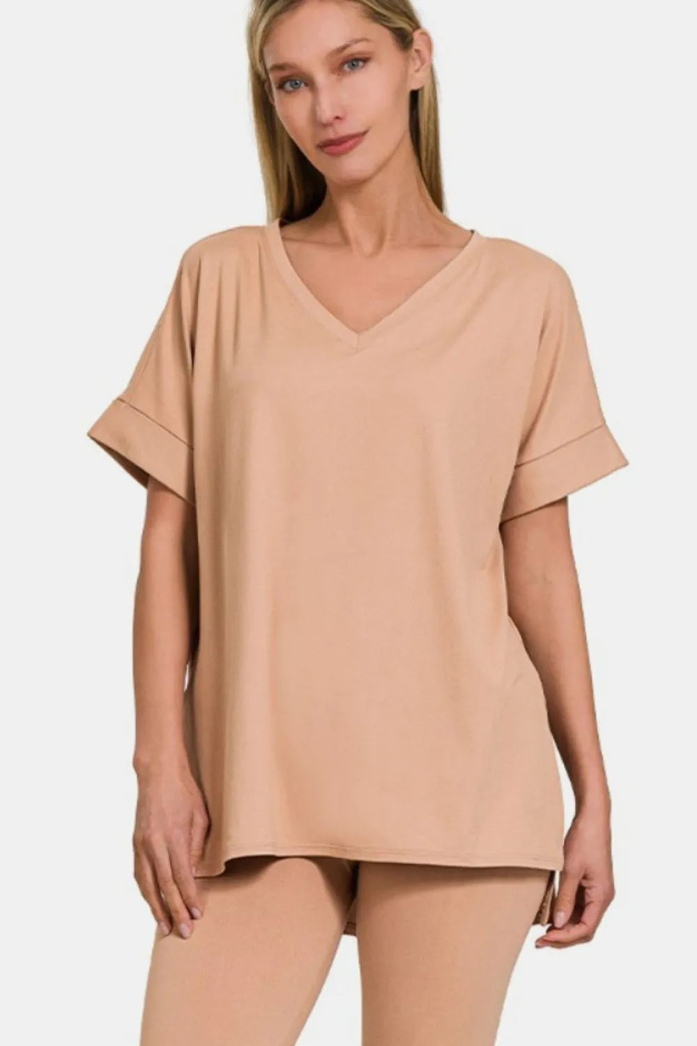 Zenana Full Size V-Neck Rolled Short Sleeve T-Shirt and Leggings Lounge Set - Fashorio