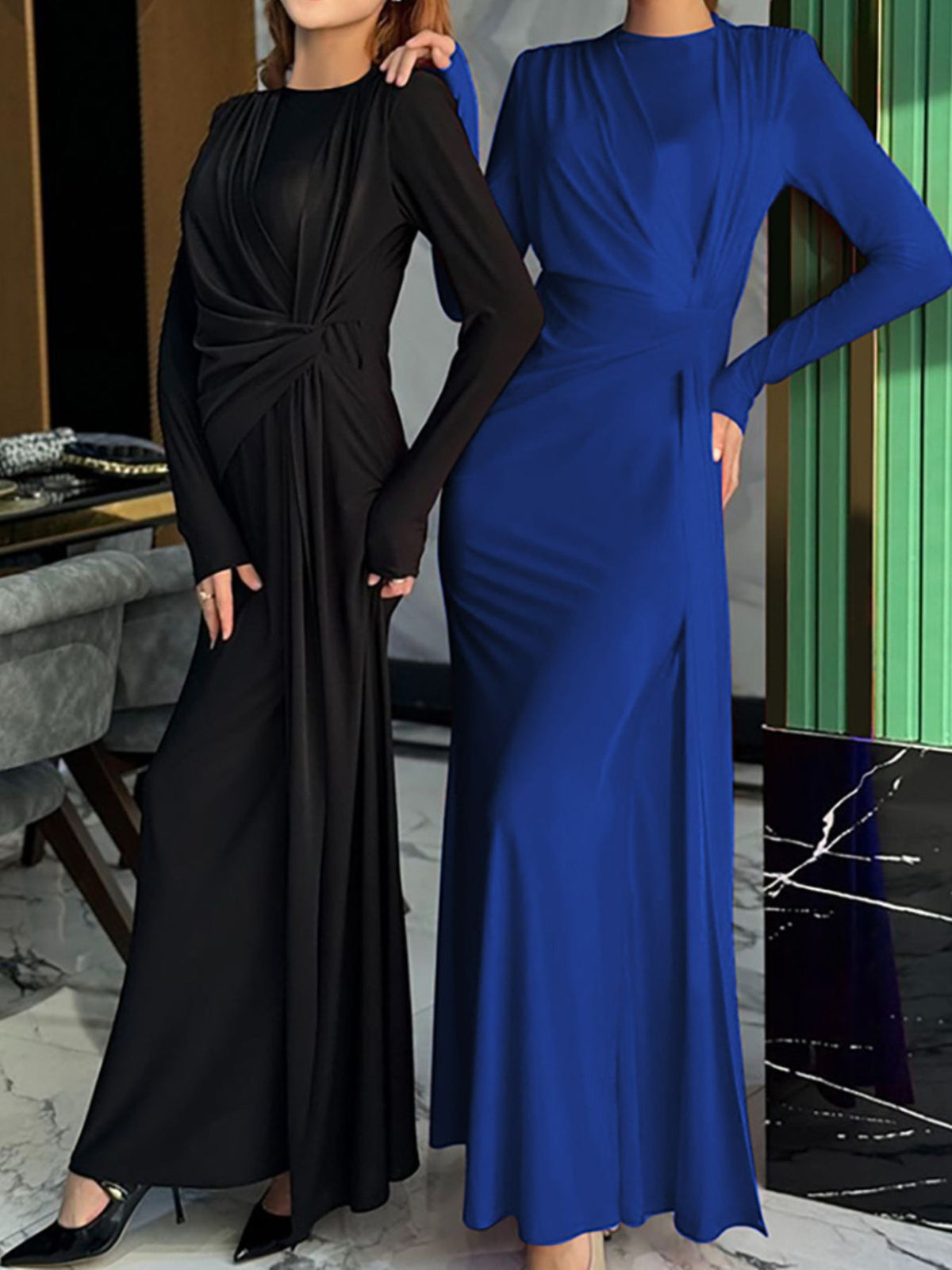 Ruched knot front long sleeve maxi dress blue colourway
