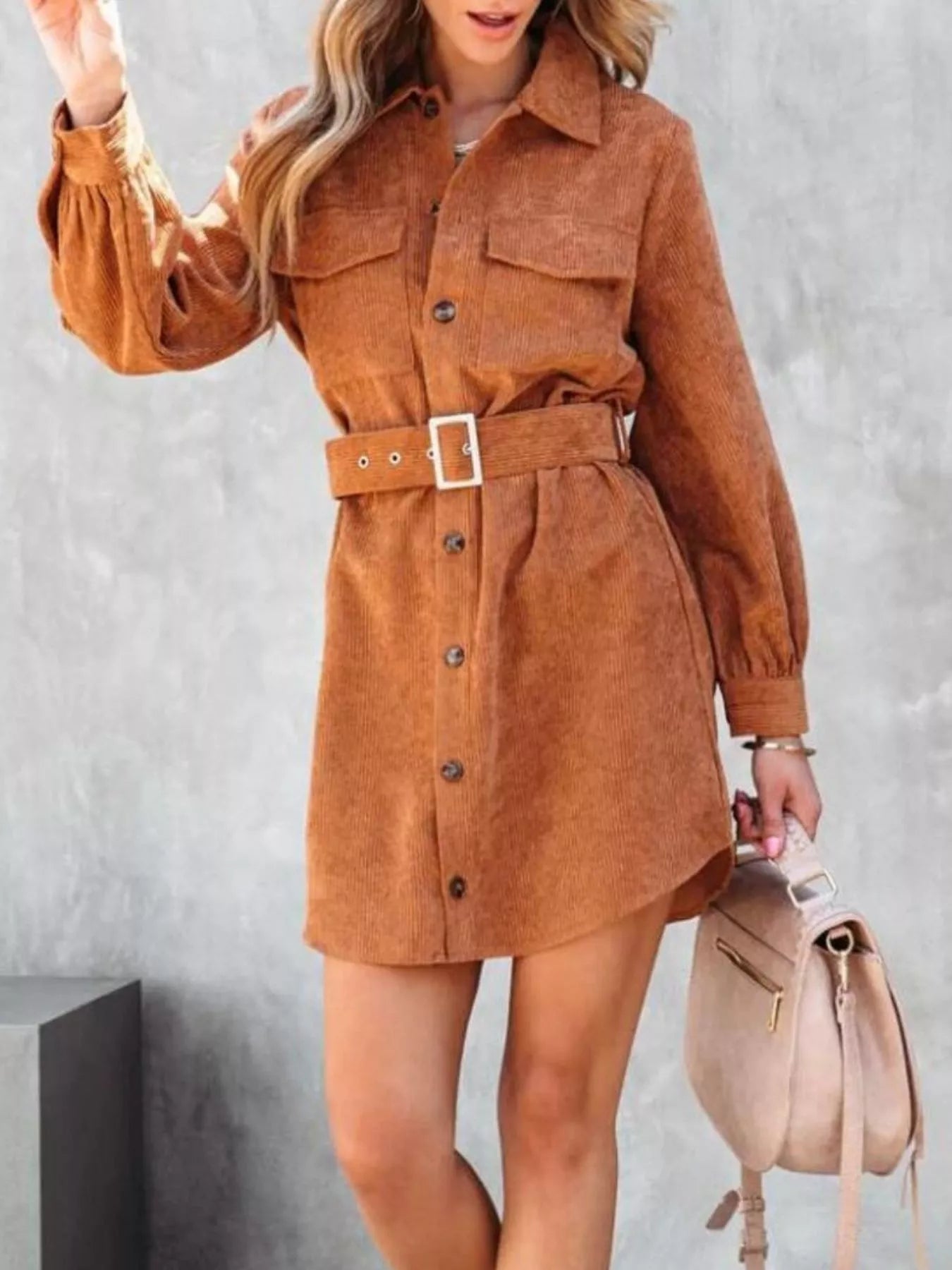 Button Front Belt Long Sleeve Corduroy Dress - Fashorio