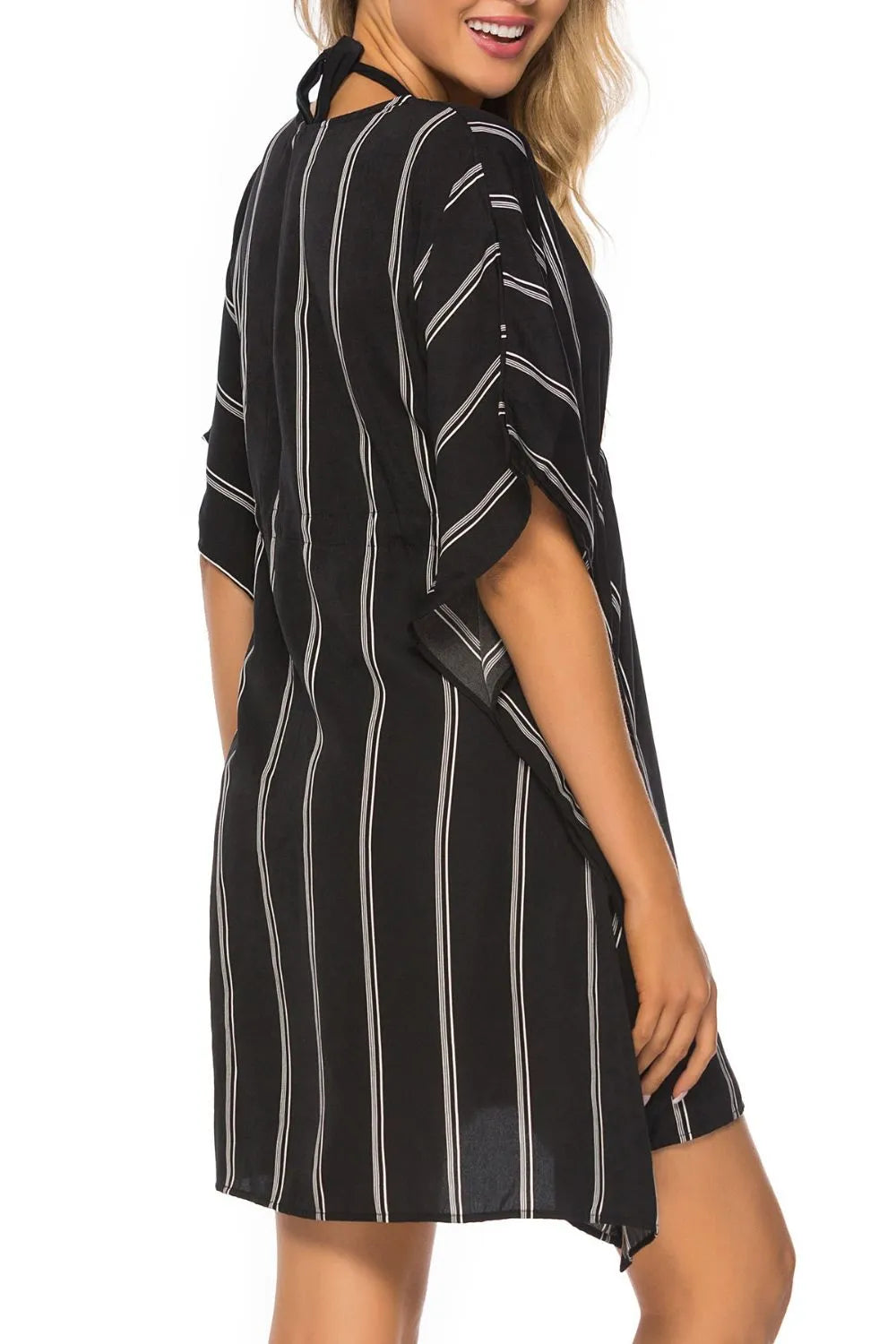 Drawstring Striped V-Neck Cover-Up - Fashorio