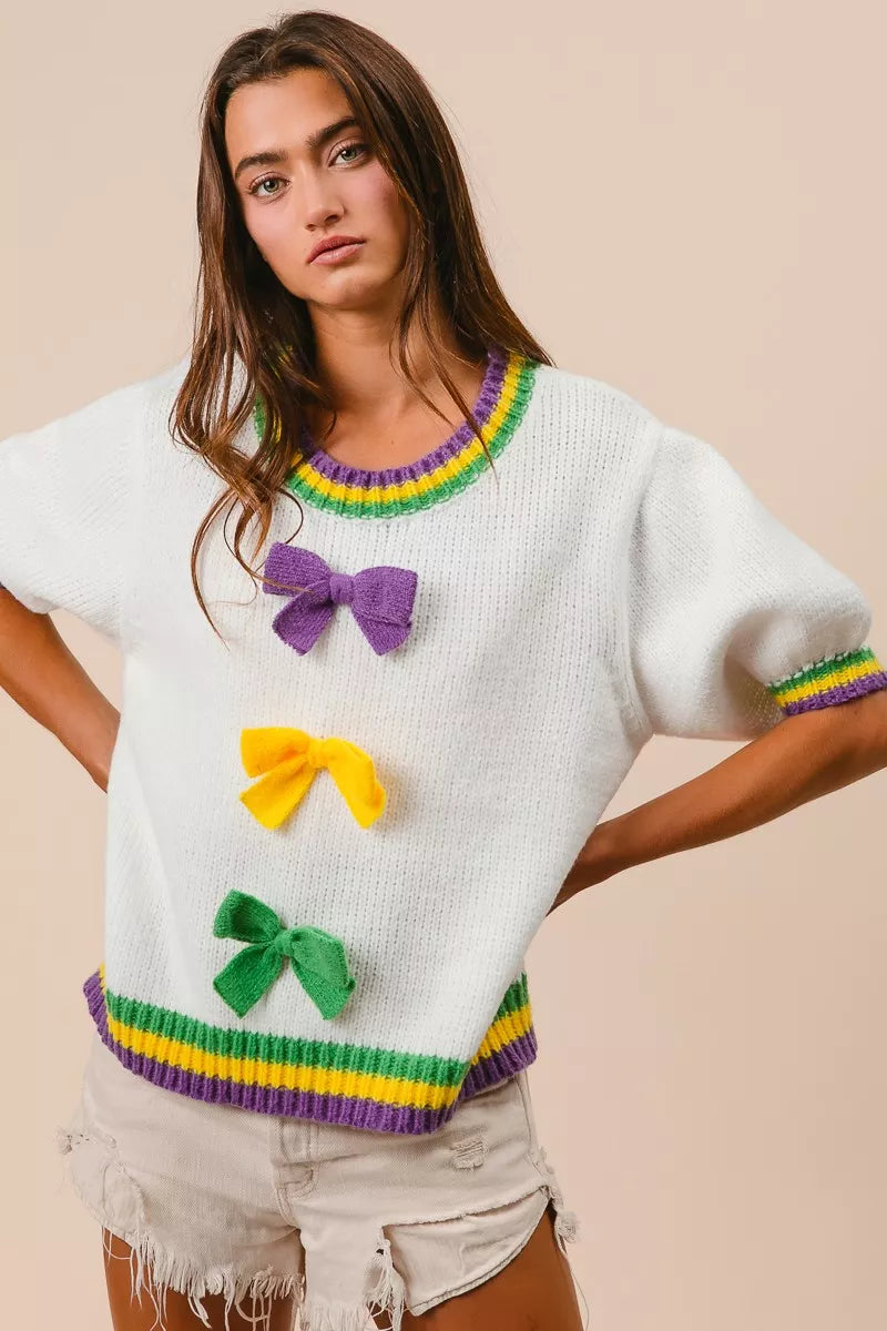 Puff Sleeve Ribbon Bow Sweater in Ivory on model