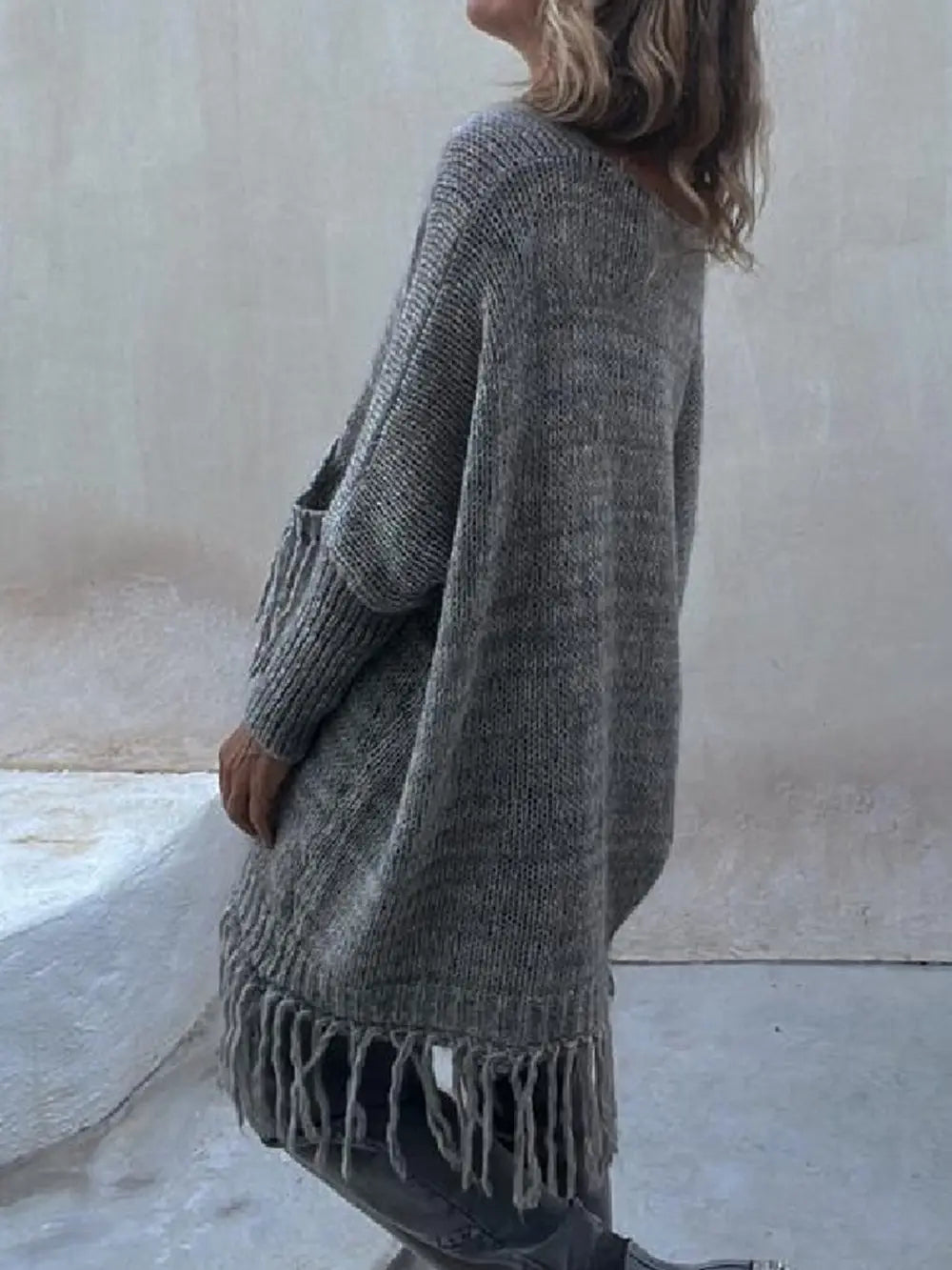 Fringe Detail Long Sleeve Sweater with Pockets - Fashorio