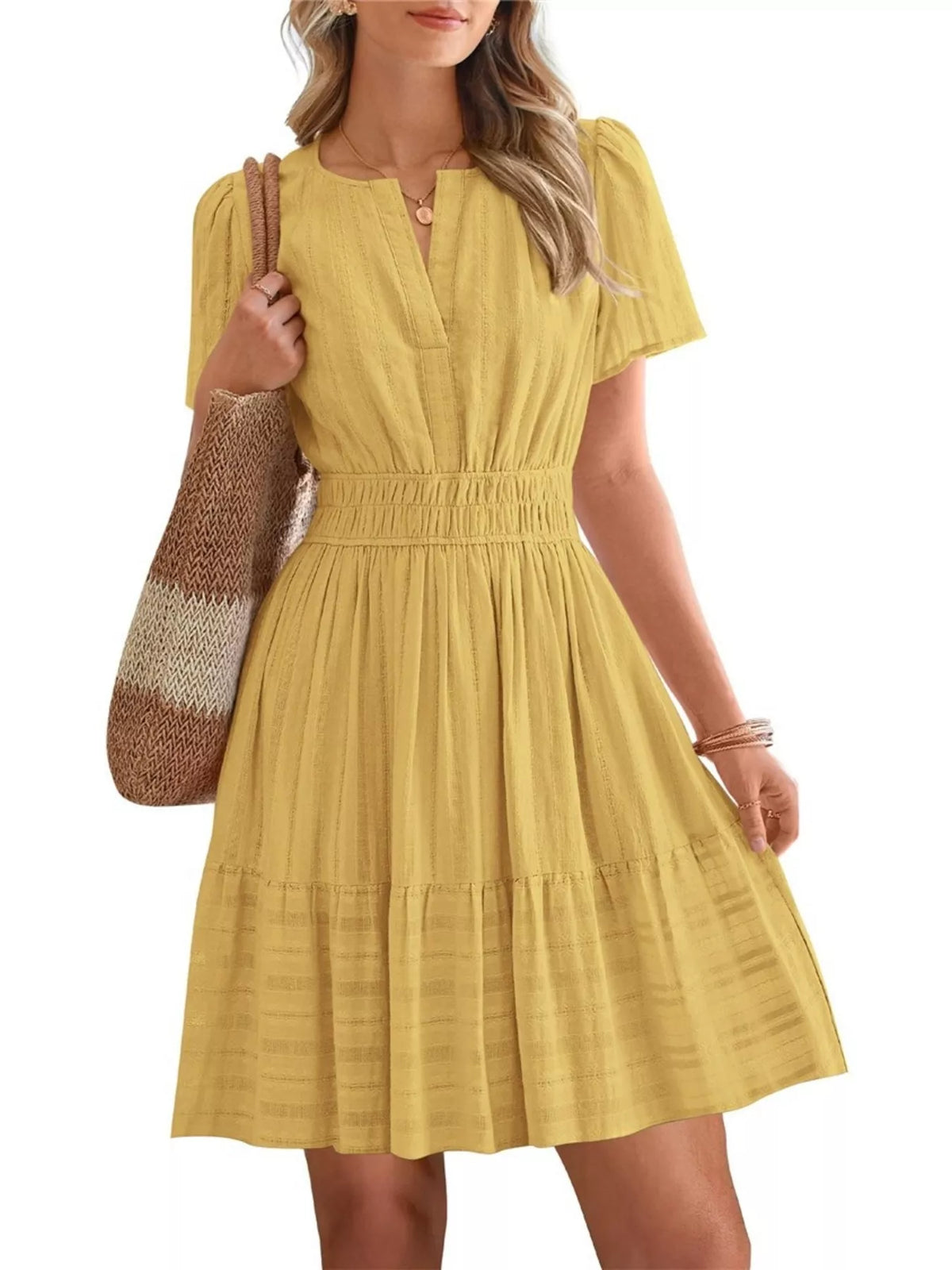 Short sleeve smocked waist tiered midi dress full length view