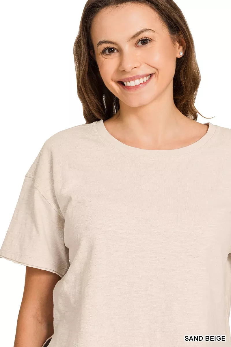 Sand beige cotton slub womens top back view