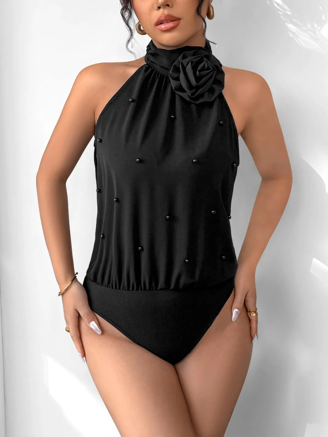 3D Flower Grecian Neck Bodysuit - Fashorio