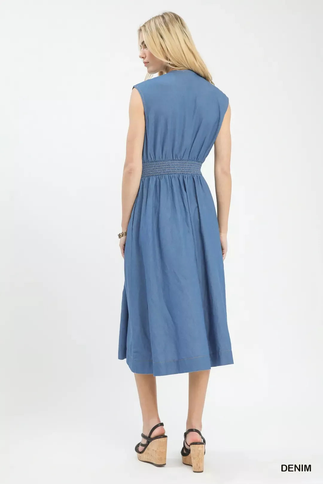 Denim Sleeveless Zip Front Smocked Waist Midi Dress side view