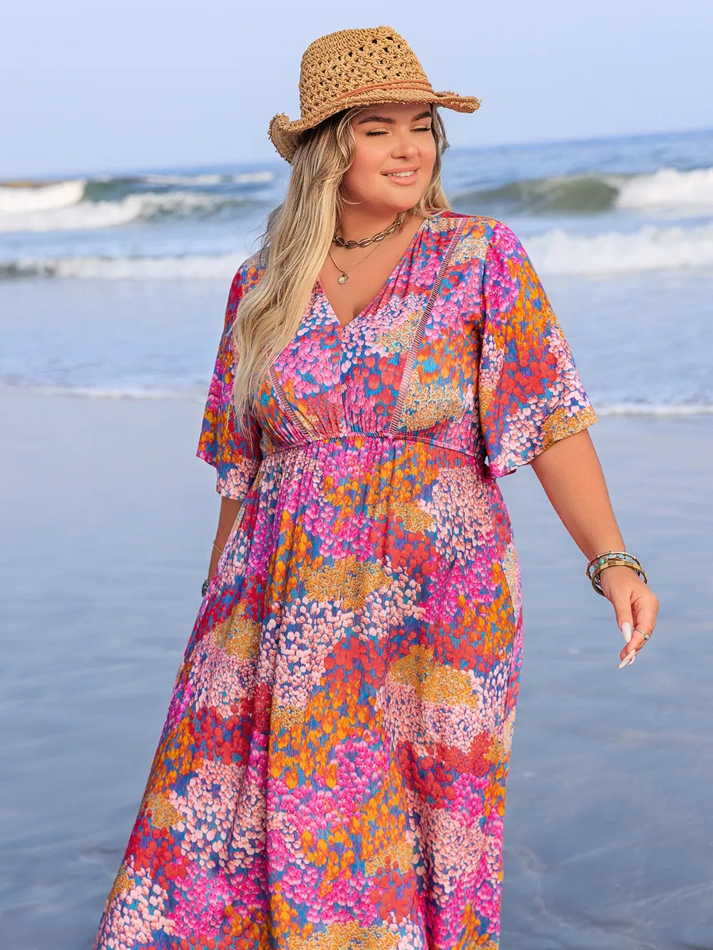 Printed V neck half sleeve maxi dress in fuchsia pink side view