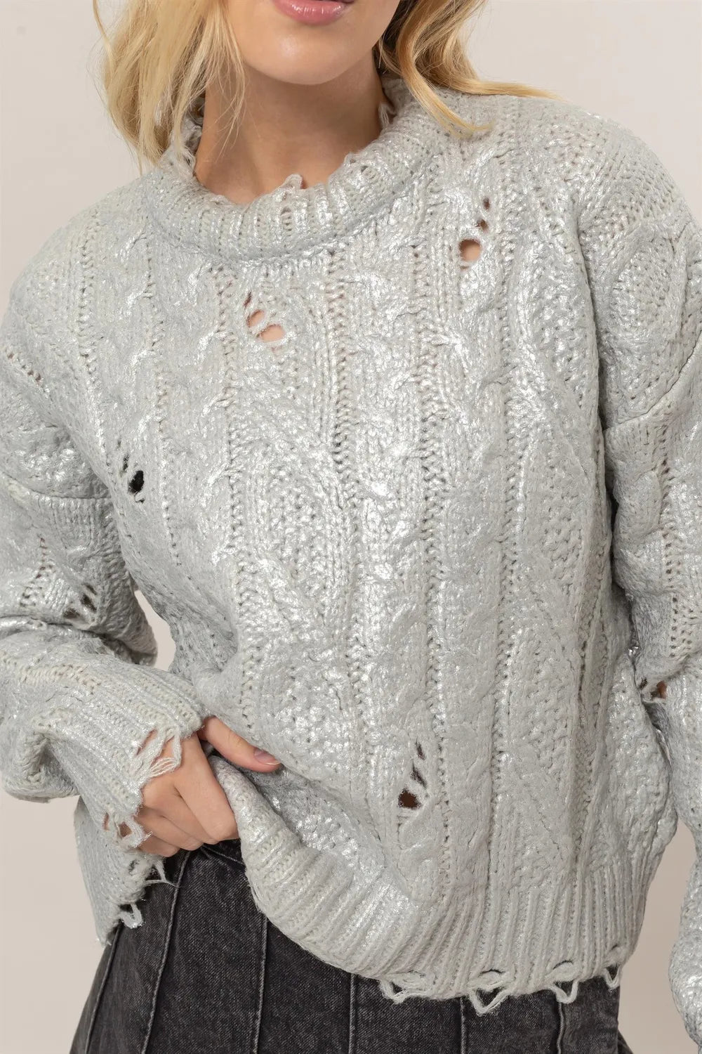 Distressed Cable Knit Round Neck Sweater in Silver styled look