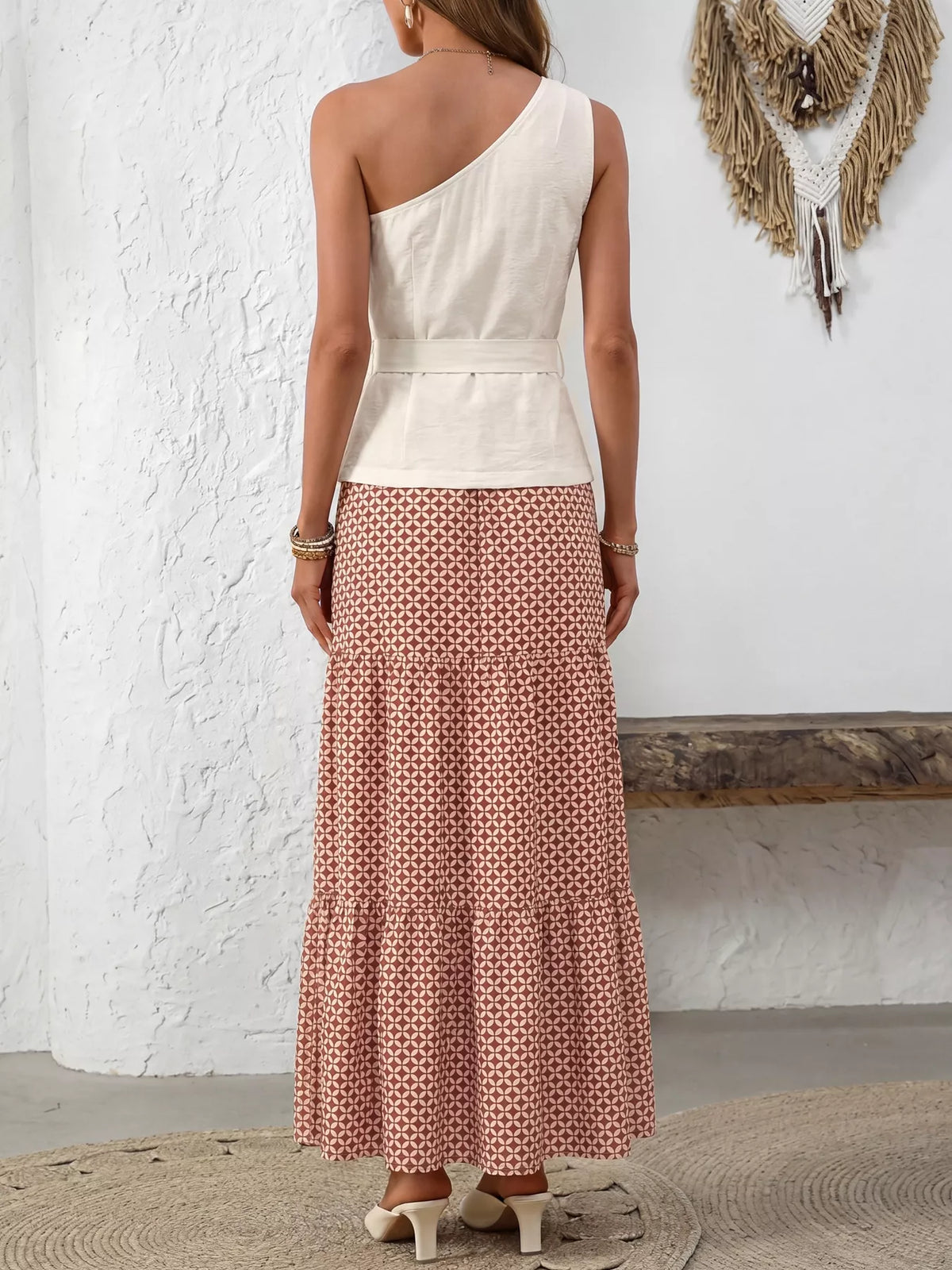 One Shoulder Top and Geometric Print Maxi Skirt Set, view 7
