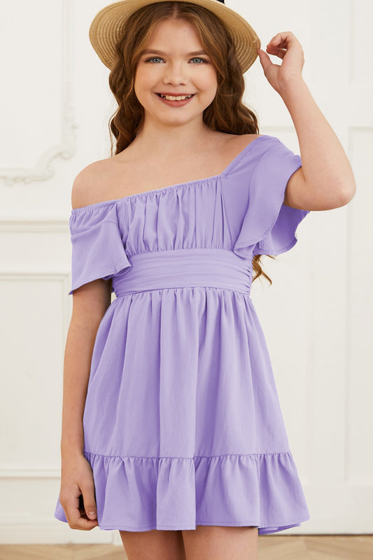 Ruffle Hem Tie-Back Flutter Sleeve Dress Lavender - Fashorio