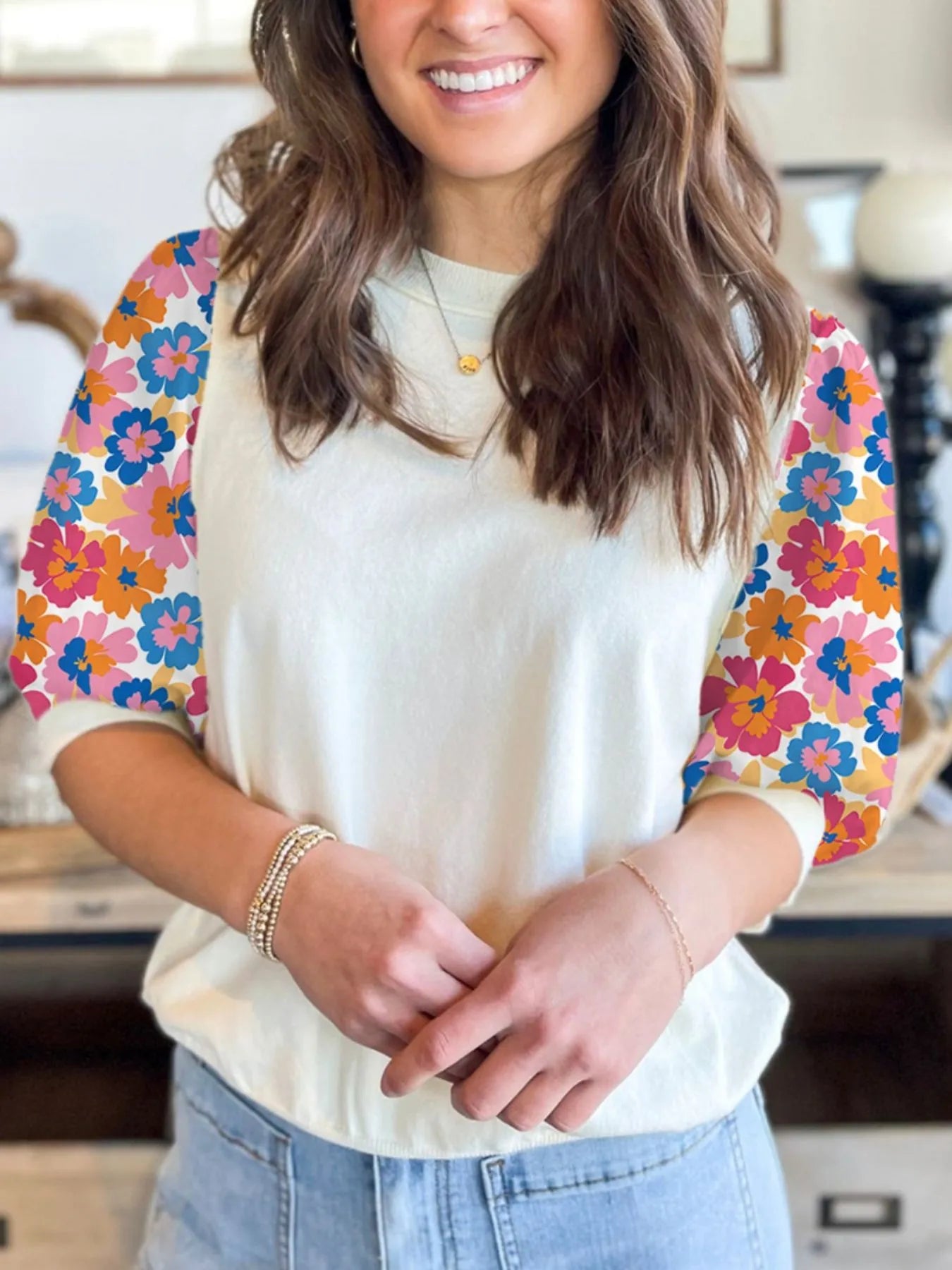 Floral Puff Sleeve Round Neck T-Shirt - Fashorio