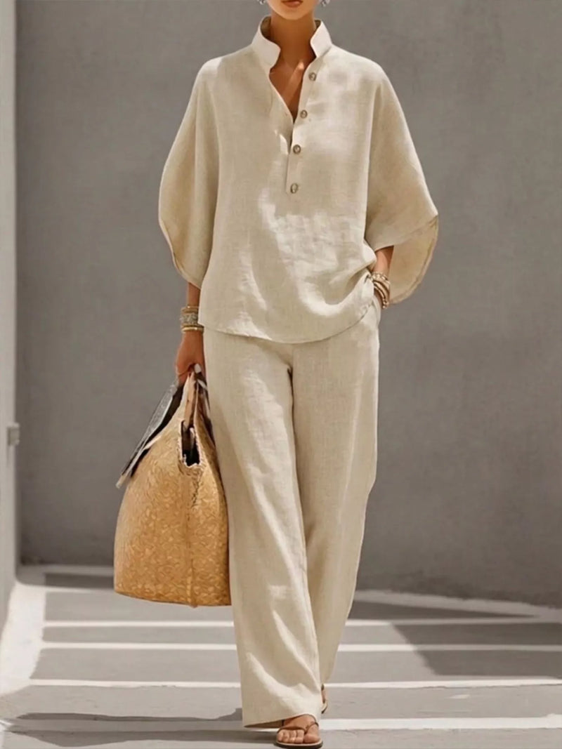 Button detail three quarter sleeve top and pants set front