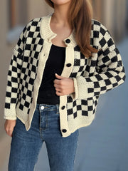 Checkered Button Up Round Neck Cardigan Black One Size - Fashorio