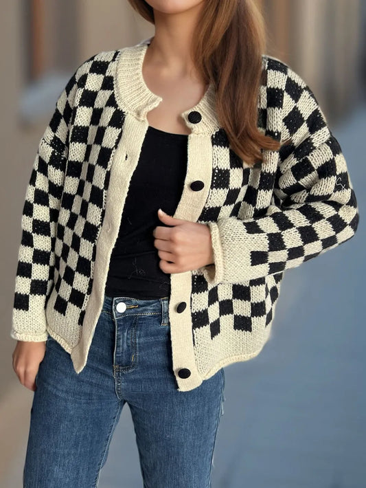 Checkered Button Up Round Neck Cardigan Black One Size - Fashorio