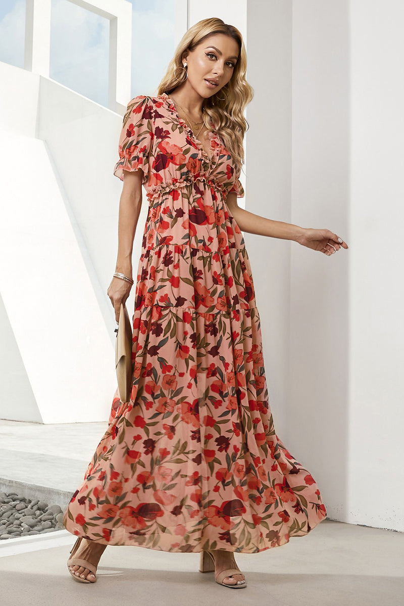 Floral V neck flounce sleeve maxi dress, front view