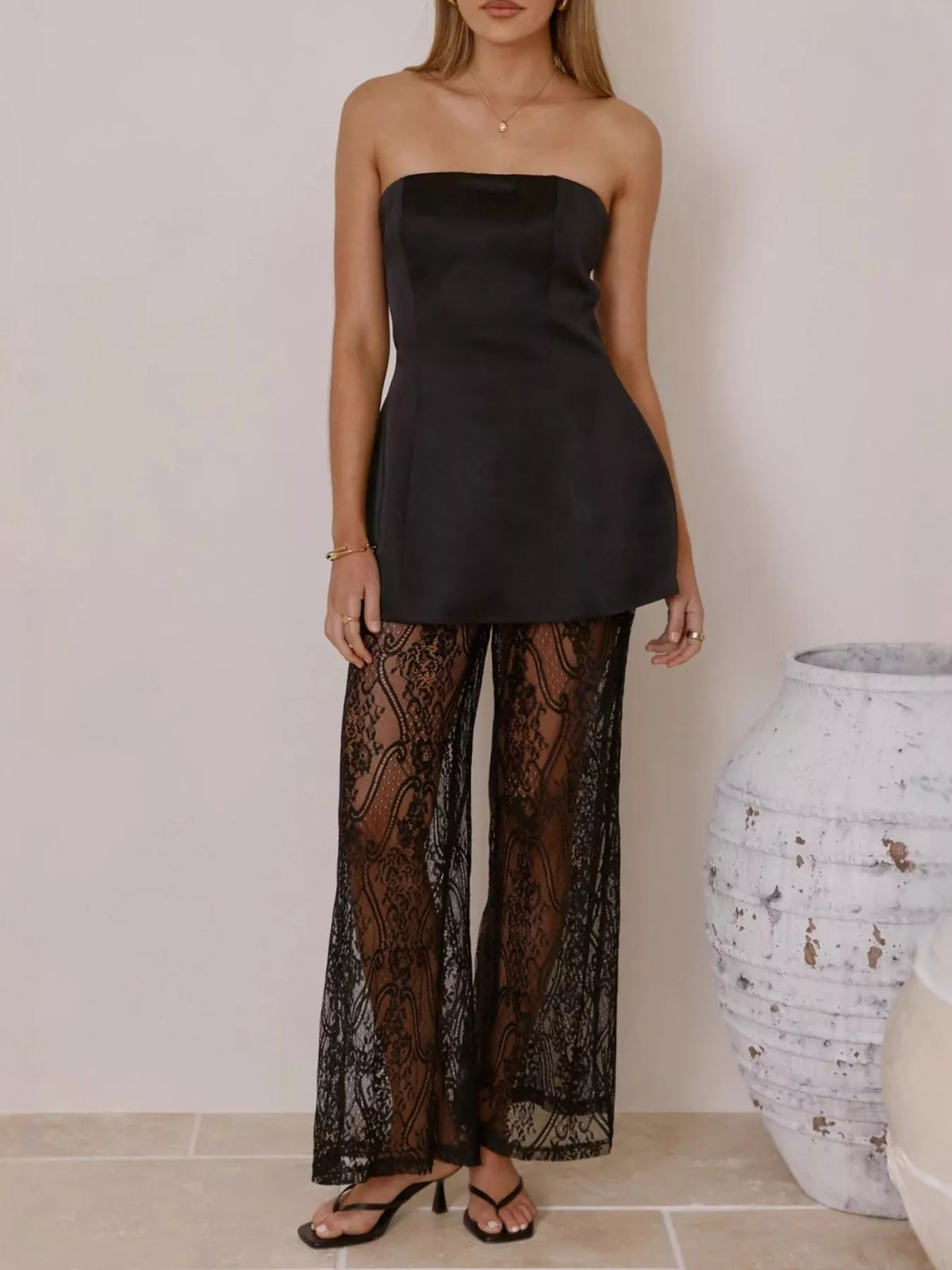 Strapless tube top and lace pants two piece set front view