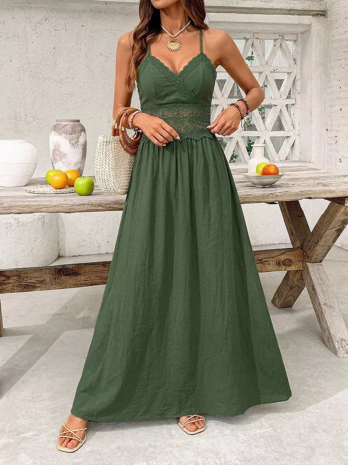 Lace trim spaghetti strap maxi dress side view