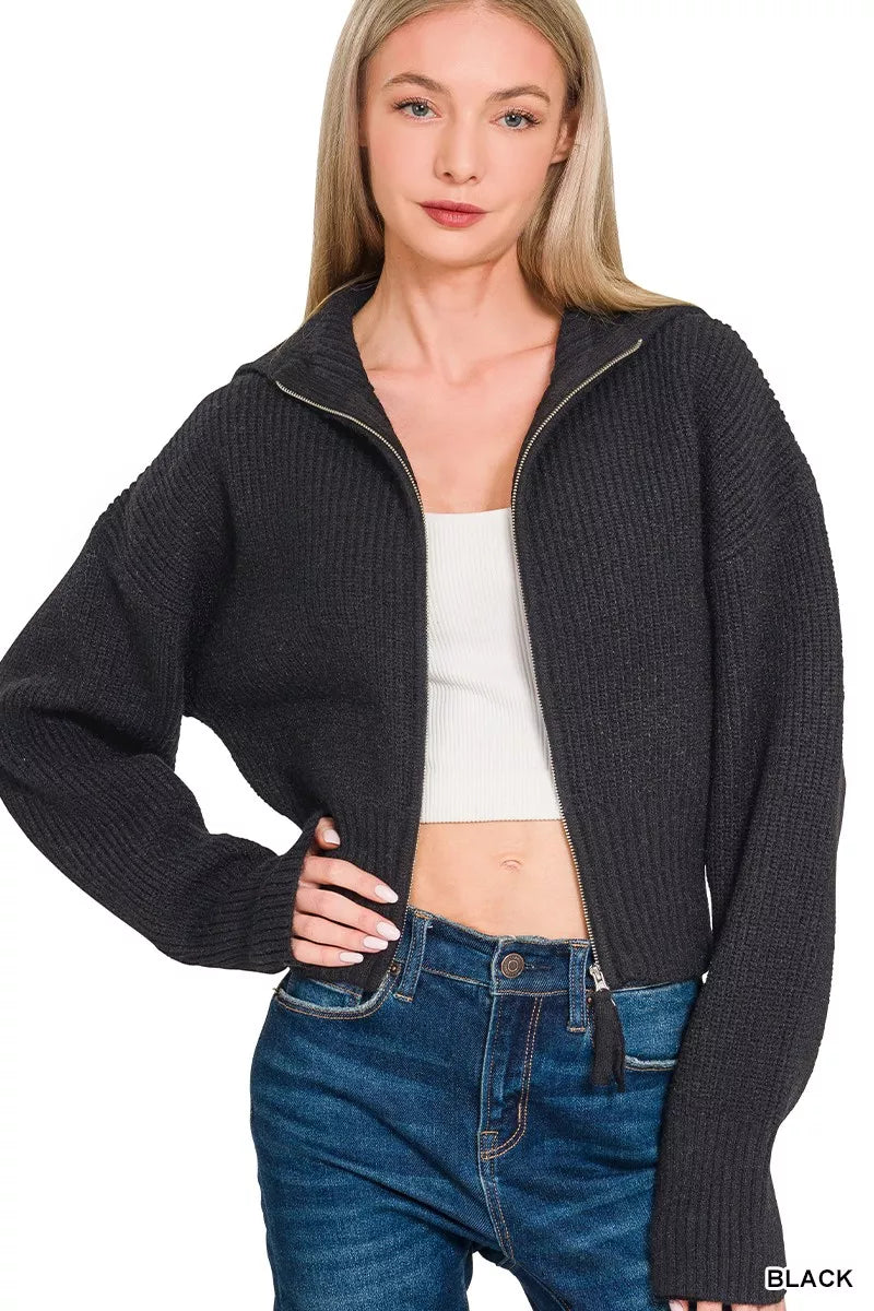 Ribbed Collared Zip Up Cardigan in Black back view