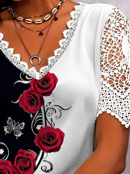 Full Size Printed Lace Sleeve V-Neck T-Shirt Plus Size - Fashorio