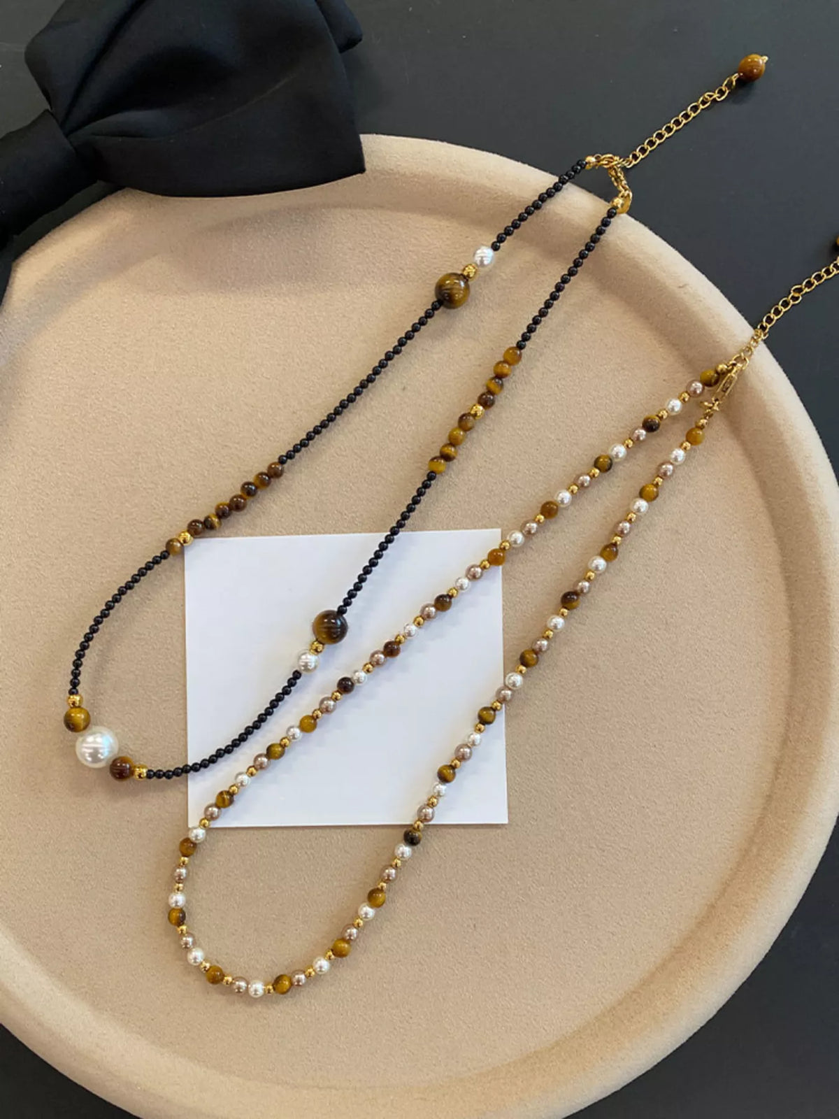 Camel tiger eye adjustable necklace bead detail view