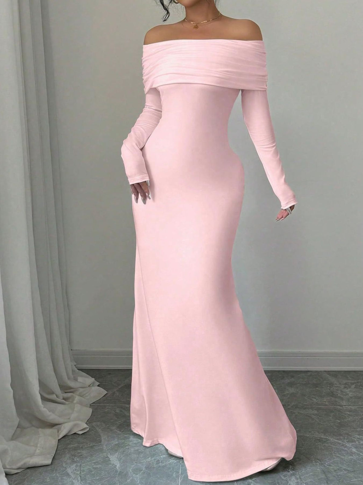 Off shoulder ruched bodycon maxi dress close up of fabric