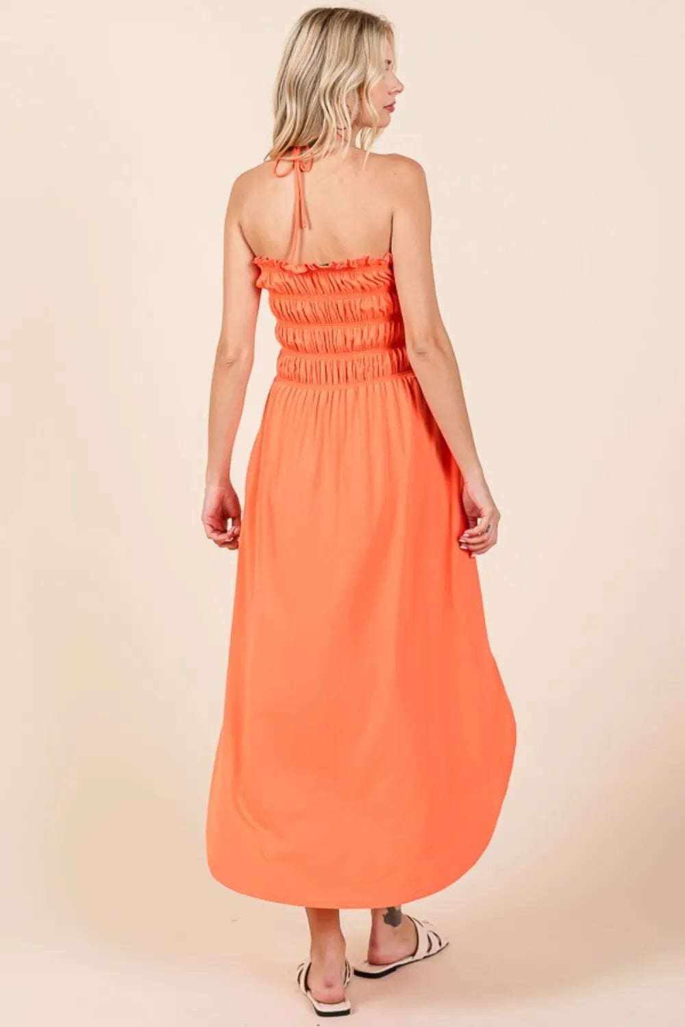 Tie Back Shirred Dress with Pockets in Coral back view
