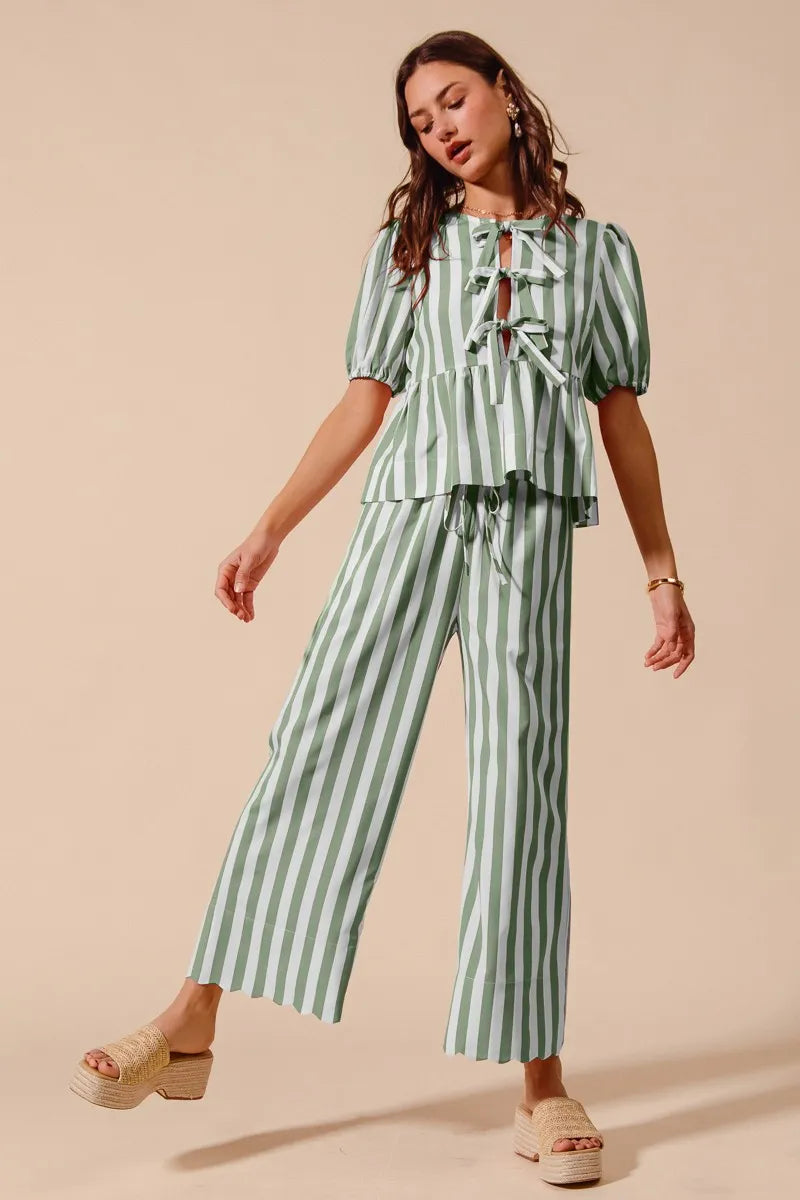 SO ME Front Tie Stripe Puff Sleeves Top and Wide Leg Pants Set SAGE - Fashorio
