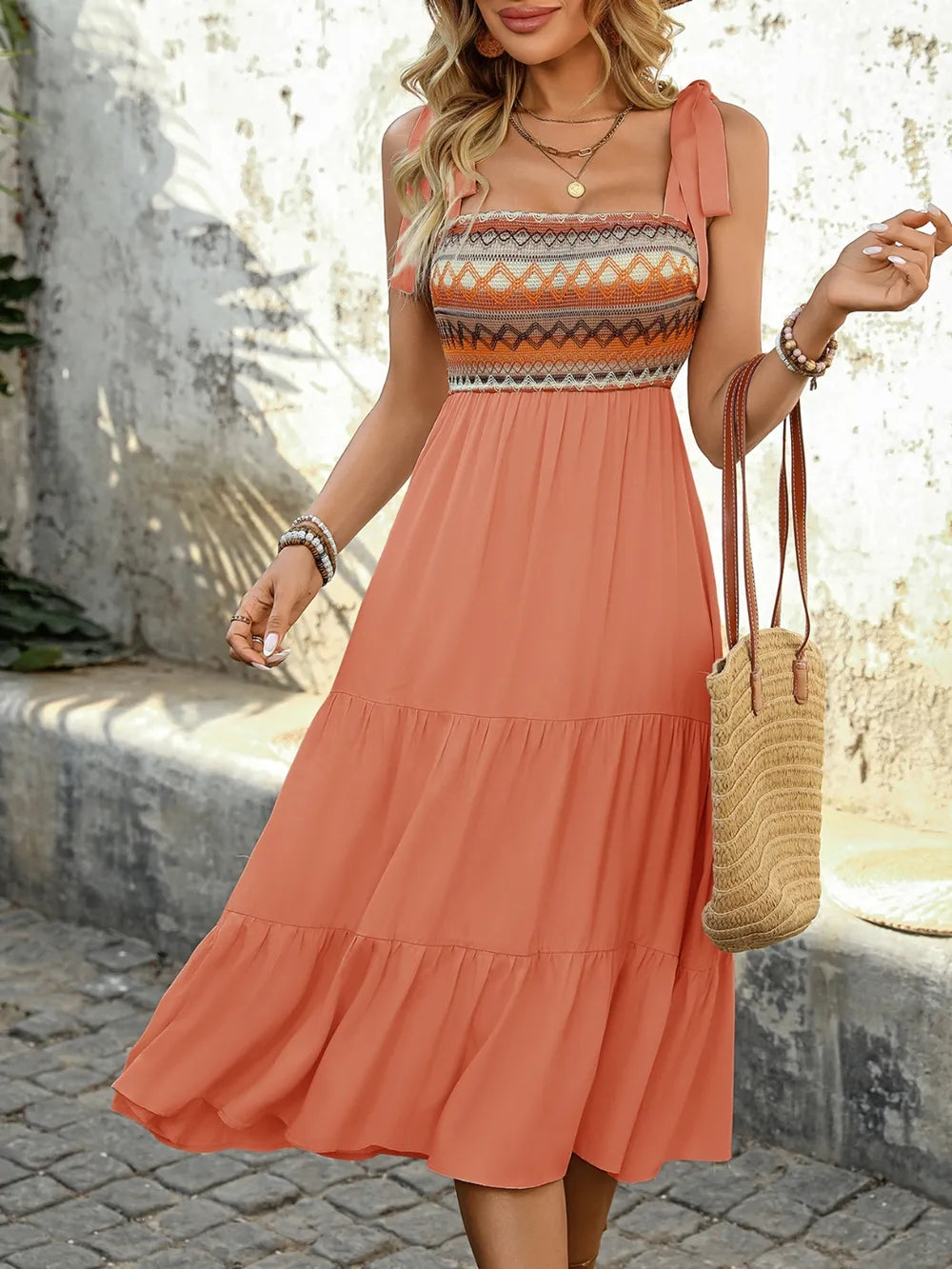 Tie shoulder midi dress pumpkin colorway