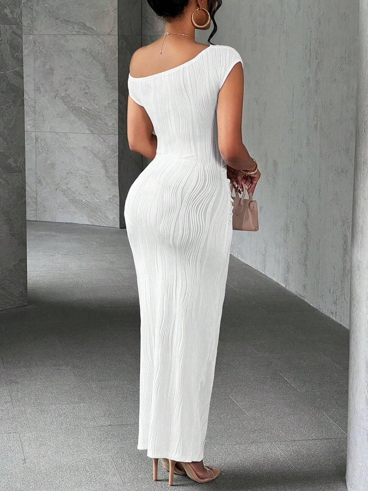 single shoulder ribbed bodycon maxi dress three quarter view