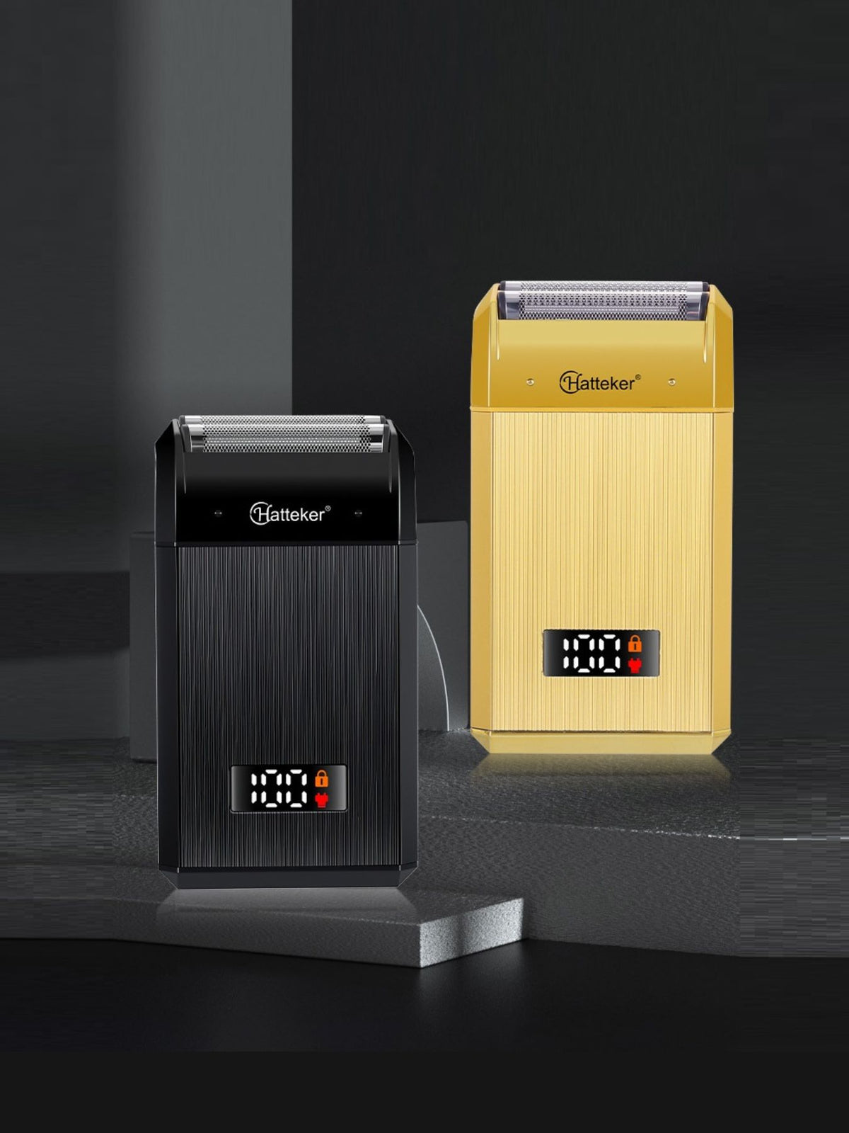 Gold portable electric foil shaver with LED display front view