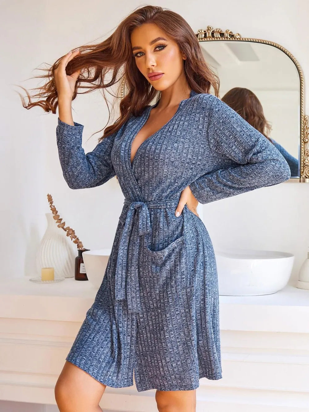 Tied Solid Lounge Nightgown with Pockets - Fashorio
