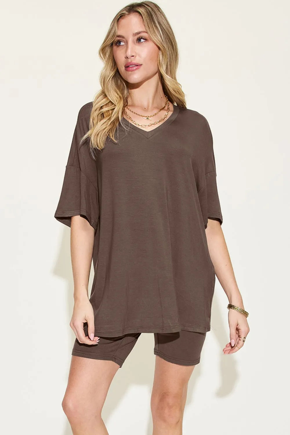 Basic Bae Full Size V-Neck Drop Shoulder T-Shirt and Shorts Set Chocolate - Fashorio