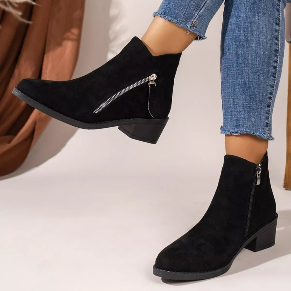 Black point toe block heels boots side profile view