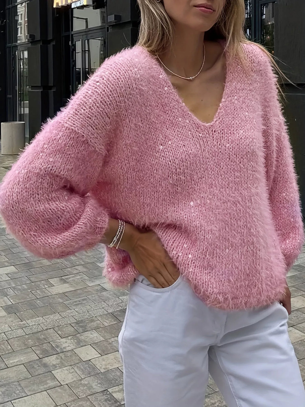 Pink V neck sparkle top styling view