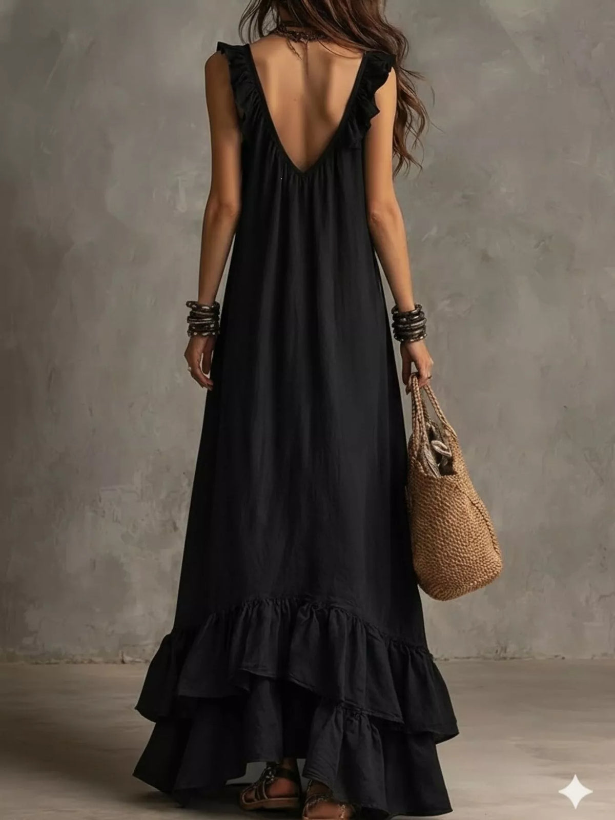 Ruffled sleeveless maxi dress side view