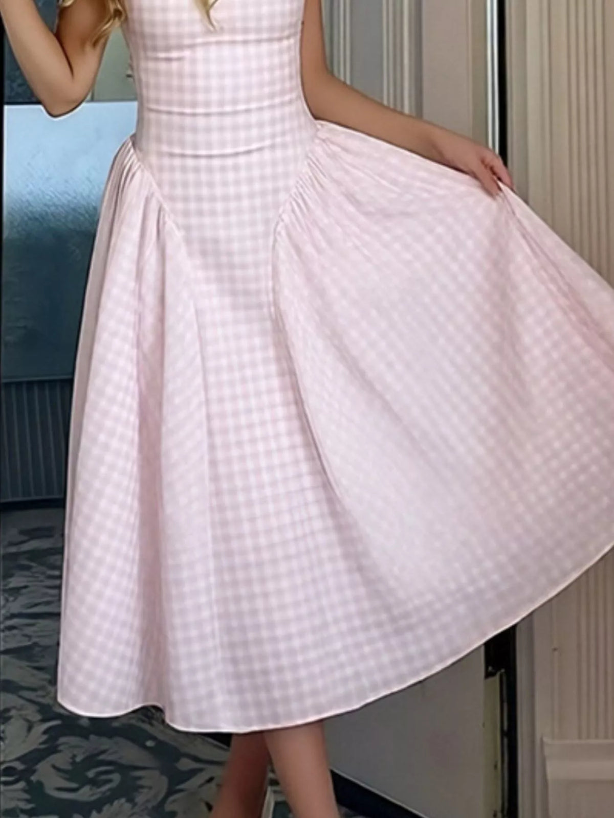 Plaid Square Neckline Midi Dress, view 6