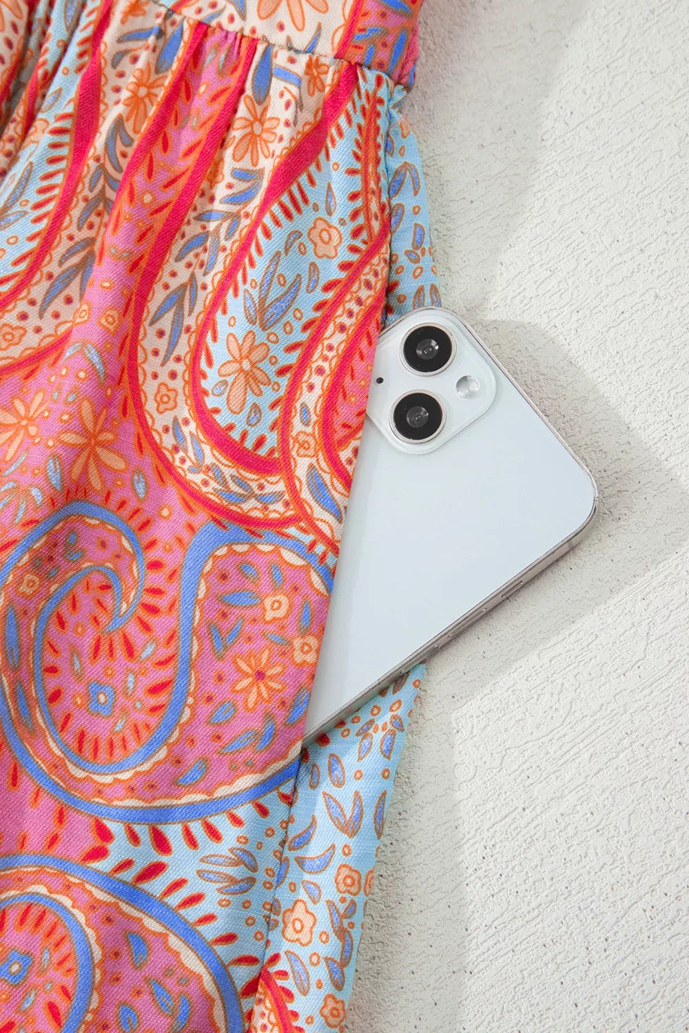 Paisley maxi dress styled with flat sandals for daytime