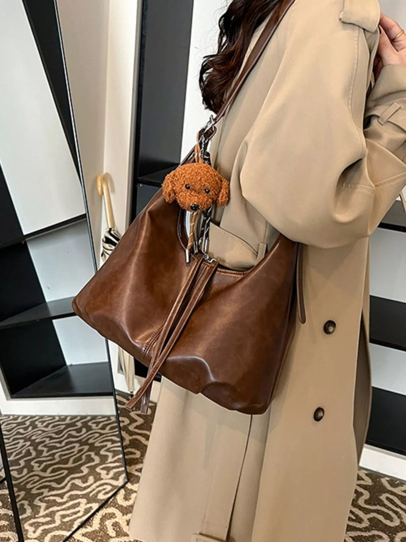 Brown vintage faux leather shoulder bag front view