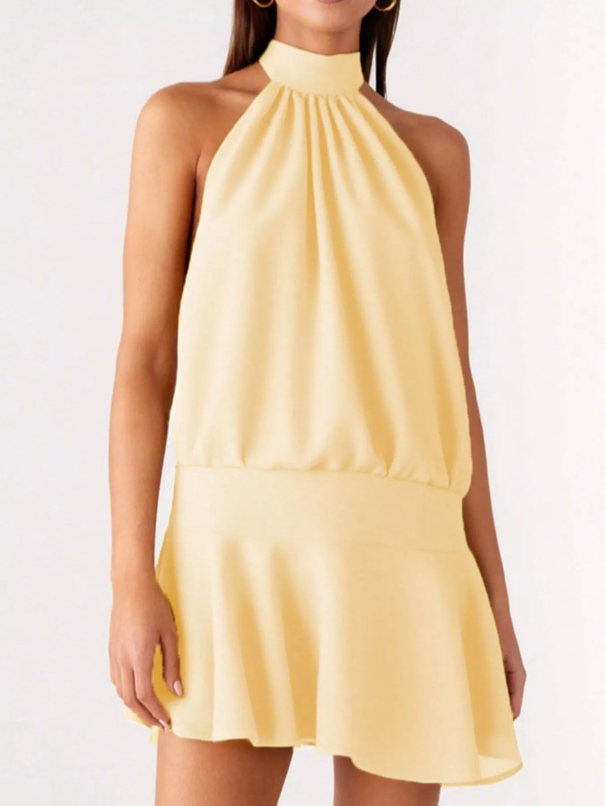 Backless halter neck gathered waist dress front view
