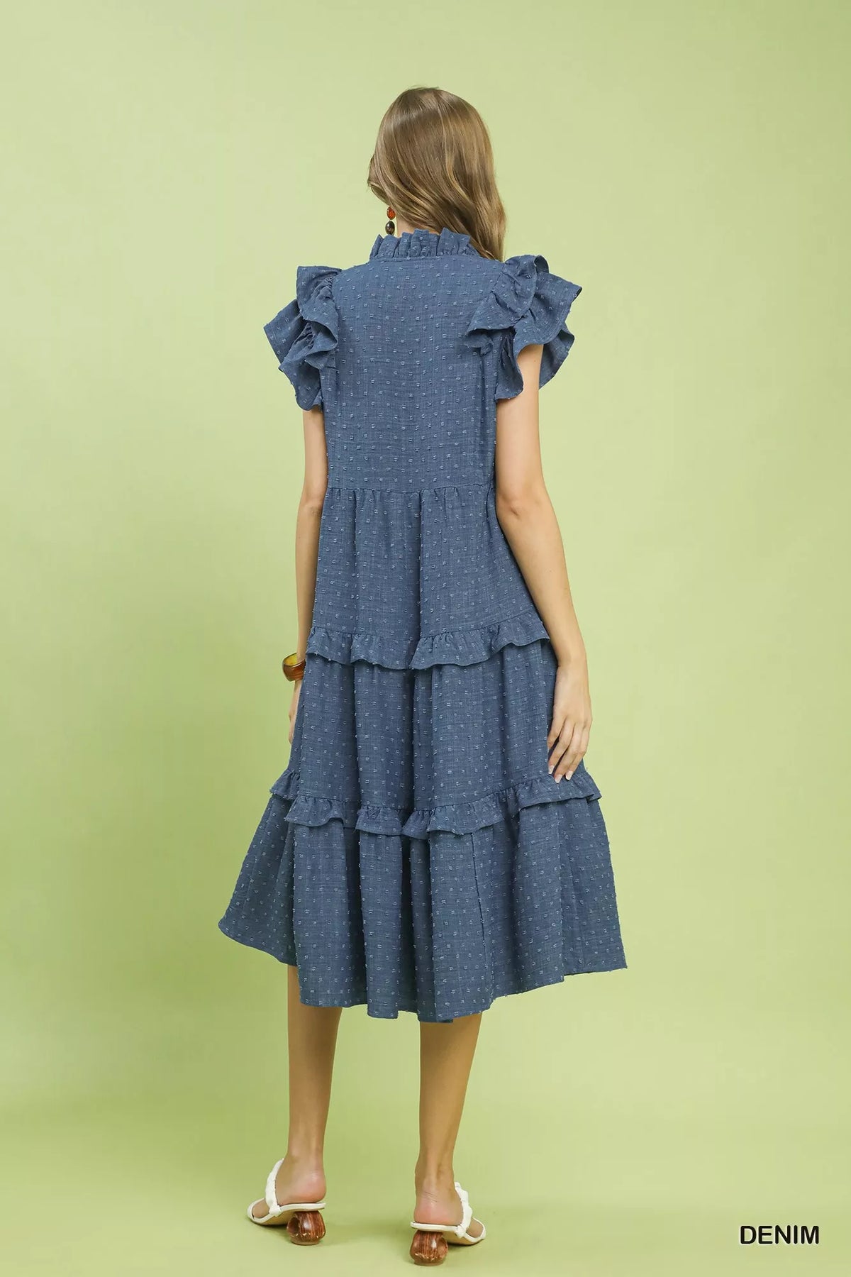 Ruffle sleeve detail on textured midi dress