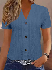 Textured Notched Short Sleeve Blouse Navy Blue - Fashorio