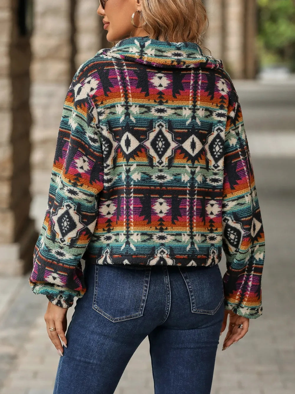 Geometric Dropped Shoulder Balloon Sleeve Outerwear - Fashorio