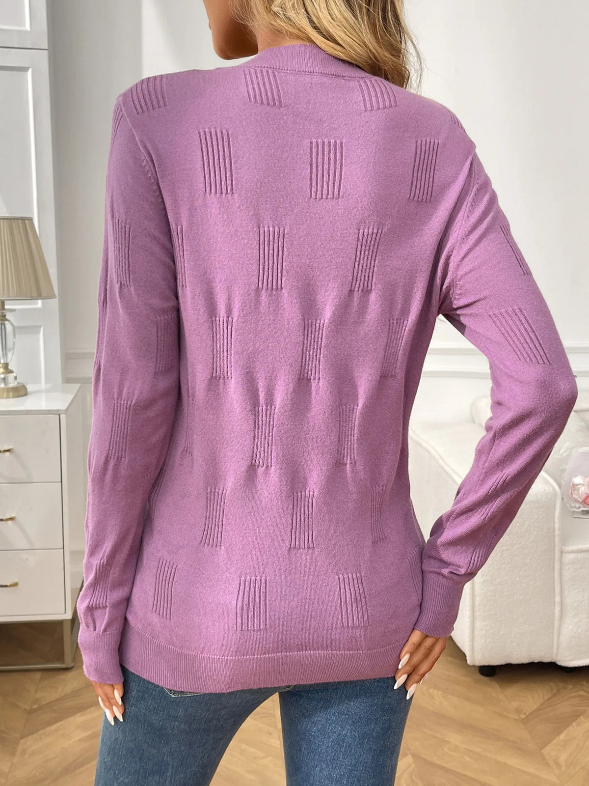 Round neck long sleeve ribbed knit top full length view