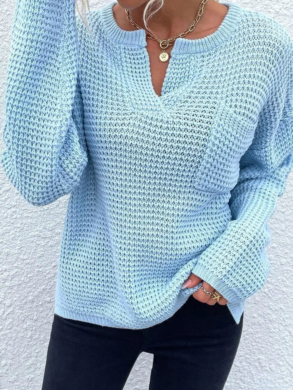 Notched Long Sleeve Sweater - Fashorio