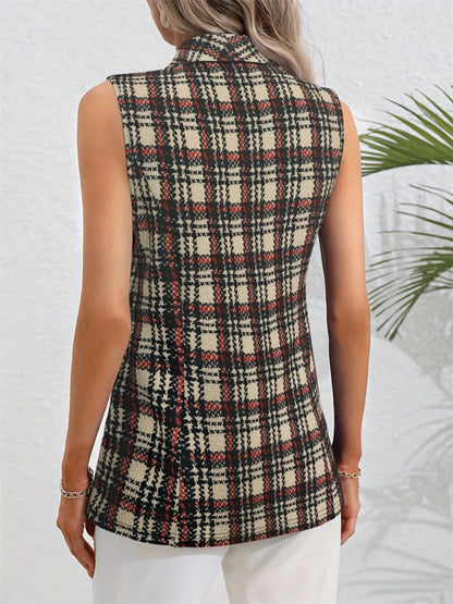 Plaid Button Up Collared Neck Vest - Fashorio