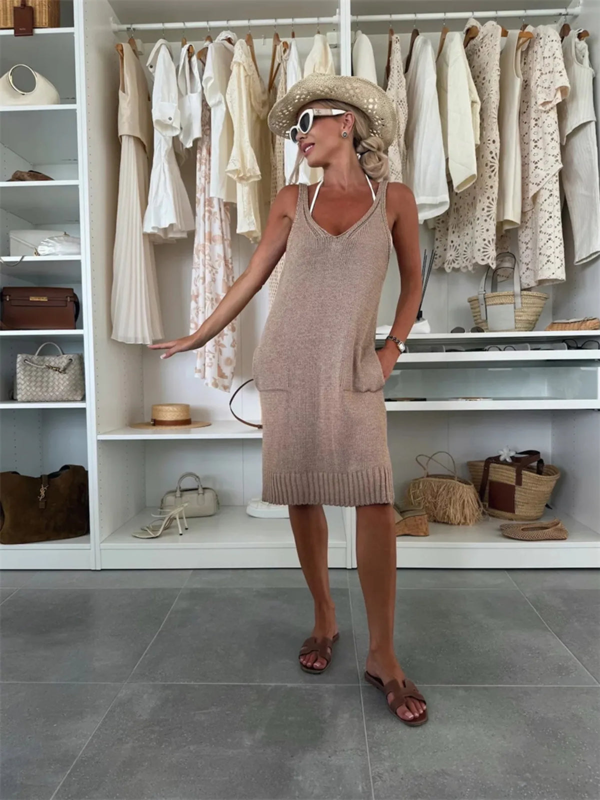 Ribbed V neck sweater dress v neckline detail