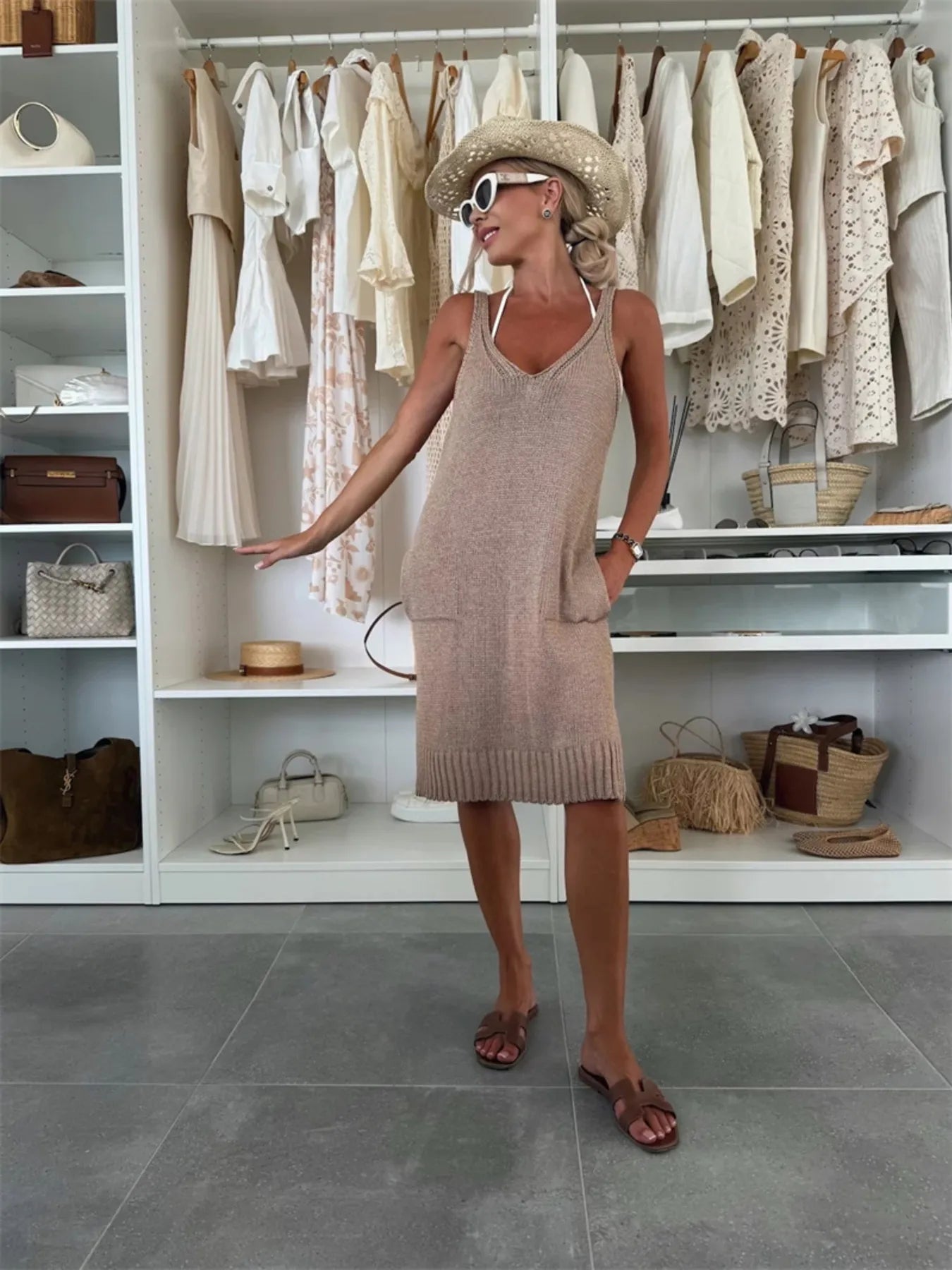 Ribbed Hem V-Neck Sweater Dress - Fashorio