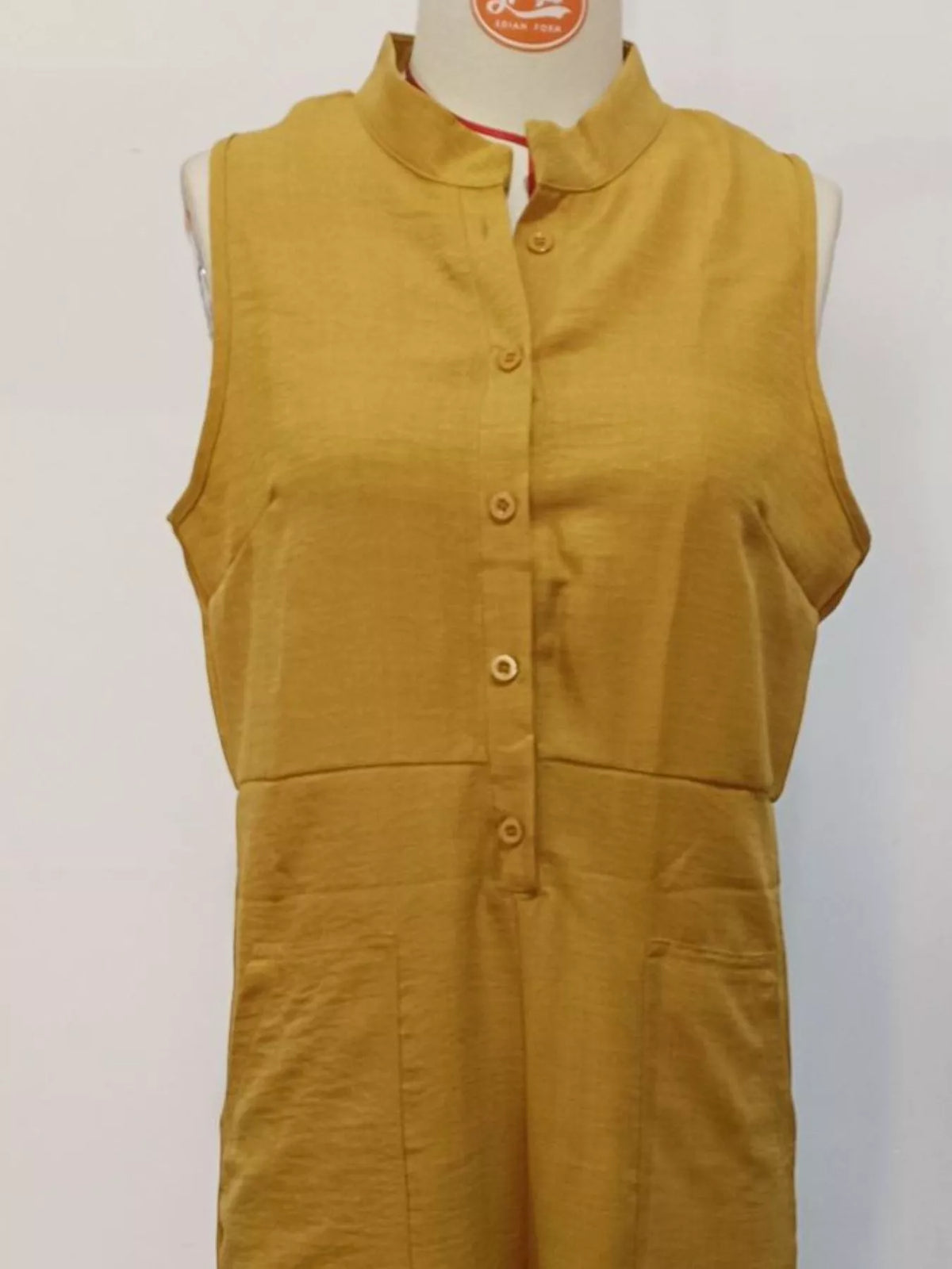 Button front sleeveless jumpsuit full outfit
