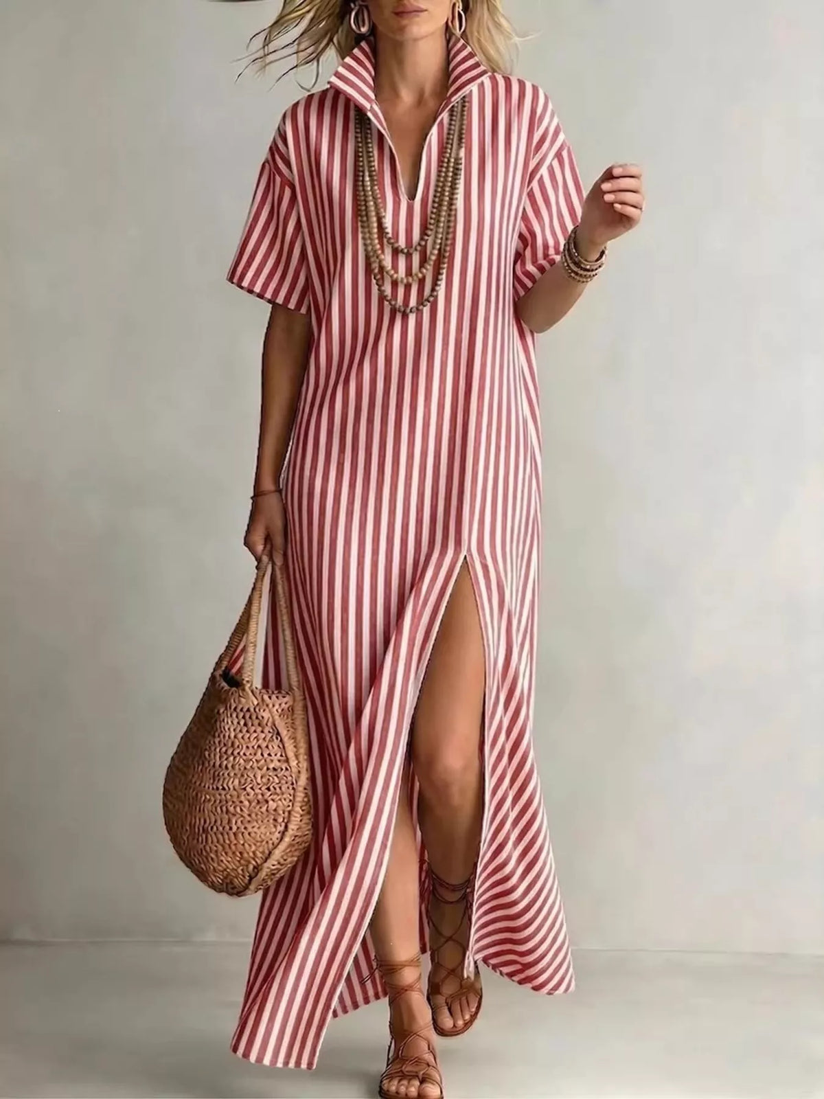 Close up of stripe pattern fabric on maxi dress